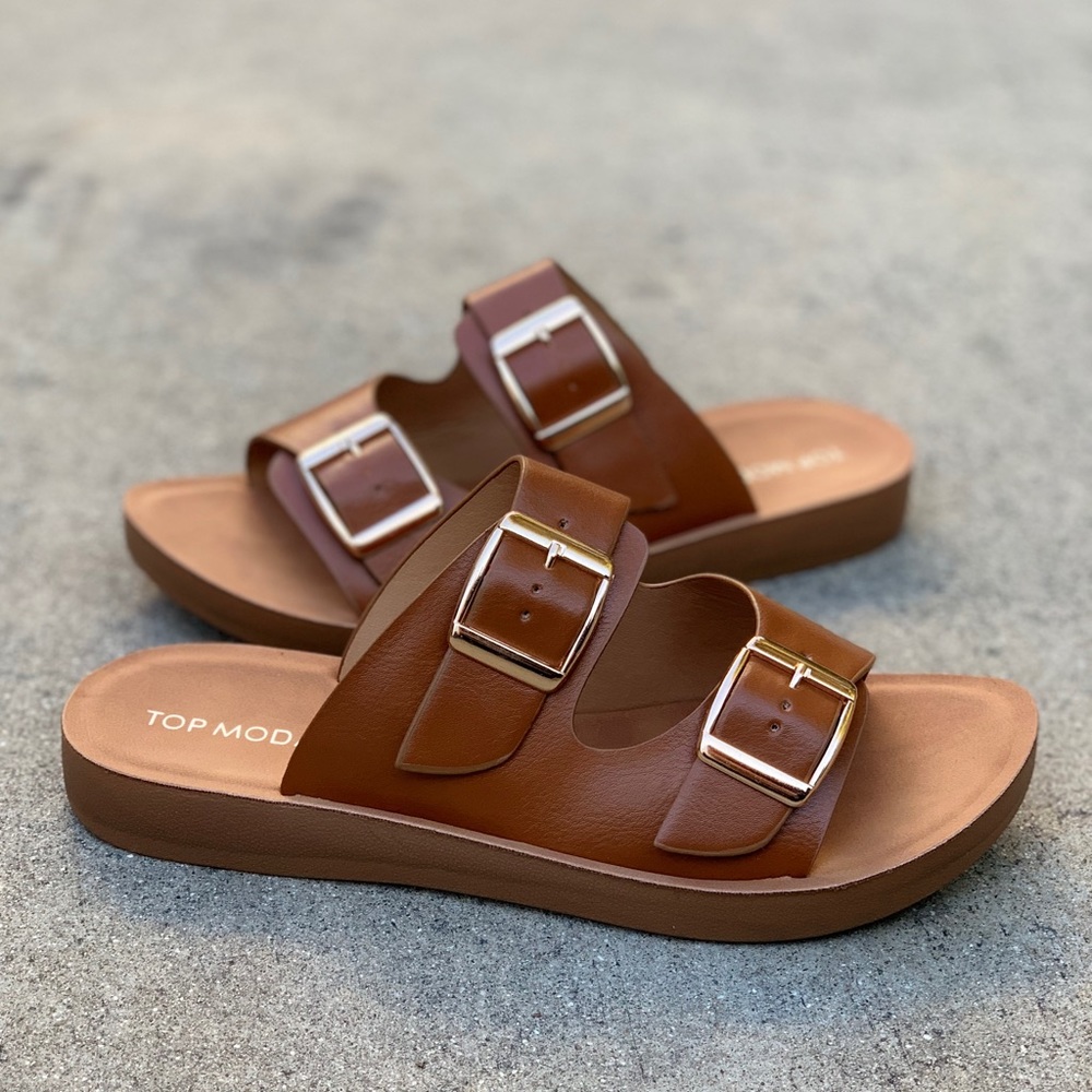 Top Moda Cushion Double Strap Buckle Slide Sandals
